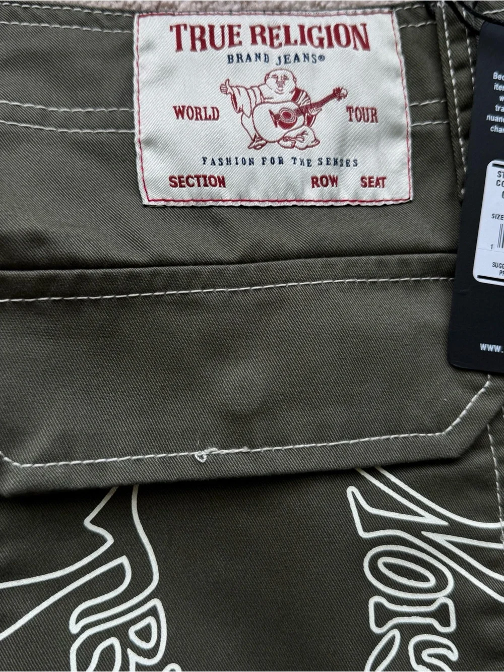True Religion Olive Green White Stitch Cargo Pants Mens Labeled 36 “ actual 40”
